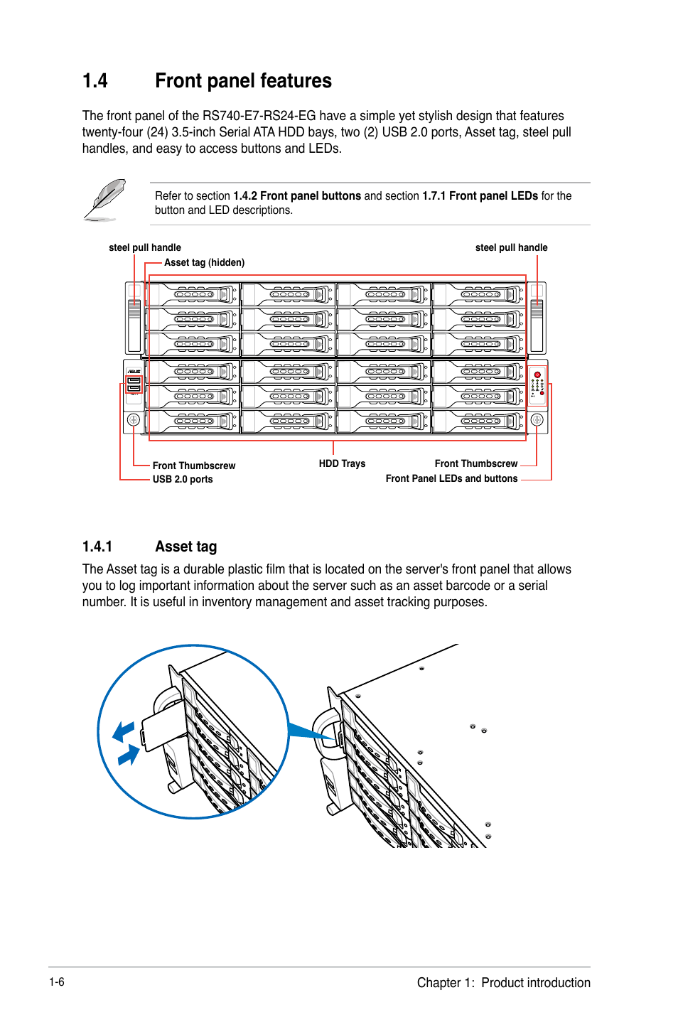 4 front panel features, 1 asset tag | Asus RS740-E7-RS24-EG User Manual | Page 18 / 212