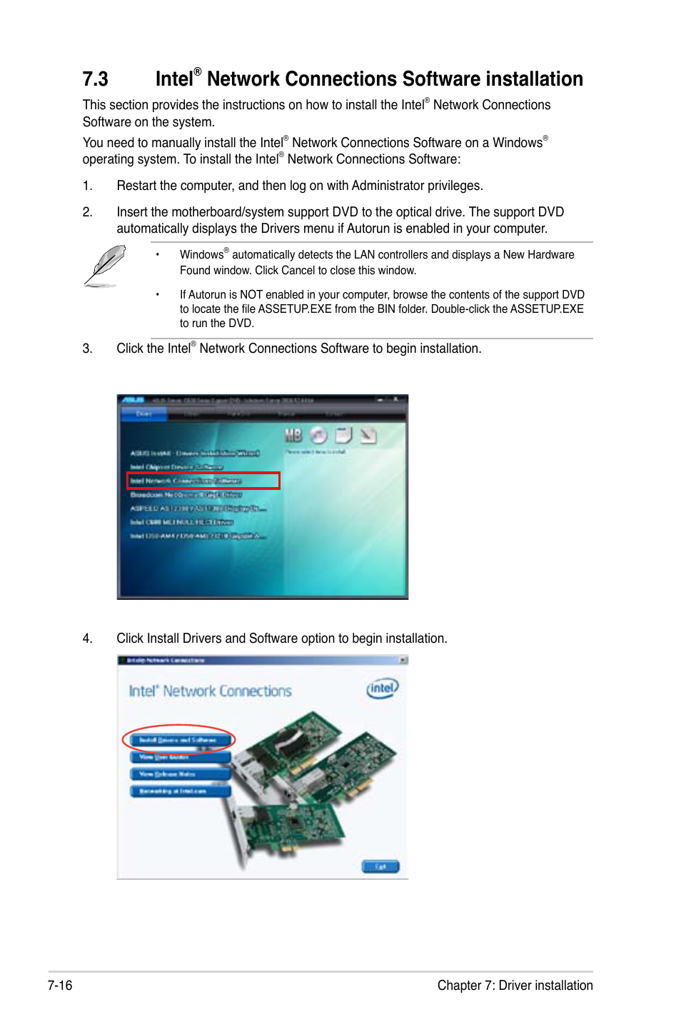 3 intel, Network connections software installation | Asus RS740-E7-RS24-EG User Manual | Page 188 / 212