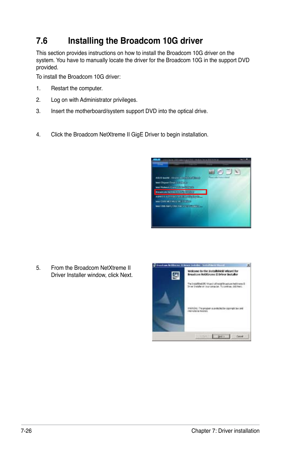 6 installing the broadcom 10g driver | Asus RS740-E7-RS24-EG User Manual | Page 198 / 212