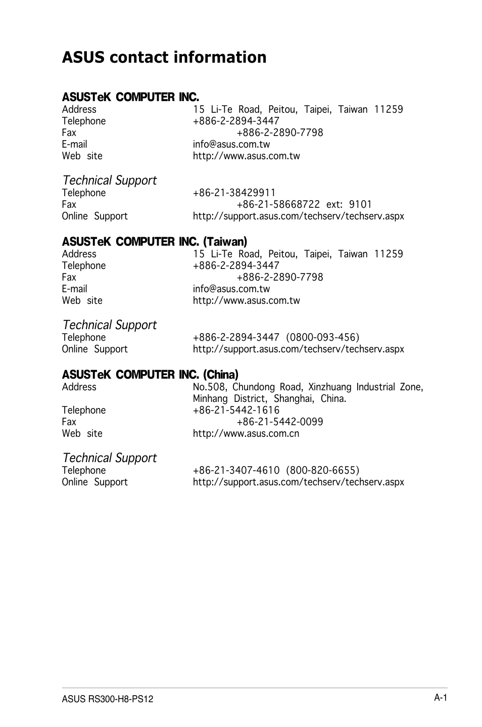 Asus contact information, Asustek computer inc, Asustek computer inc. (taiwan) | Asustek computer inc. (china), Technical support | Asus RS740-E7-RS24-EG User Manual | Page 209 / 212