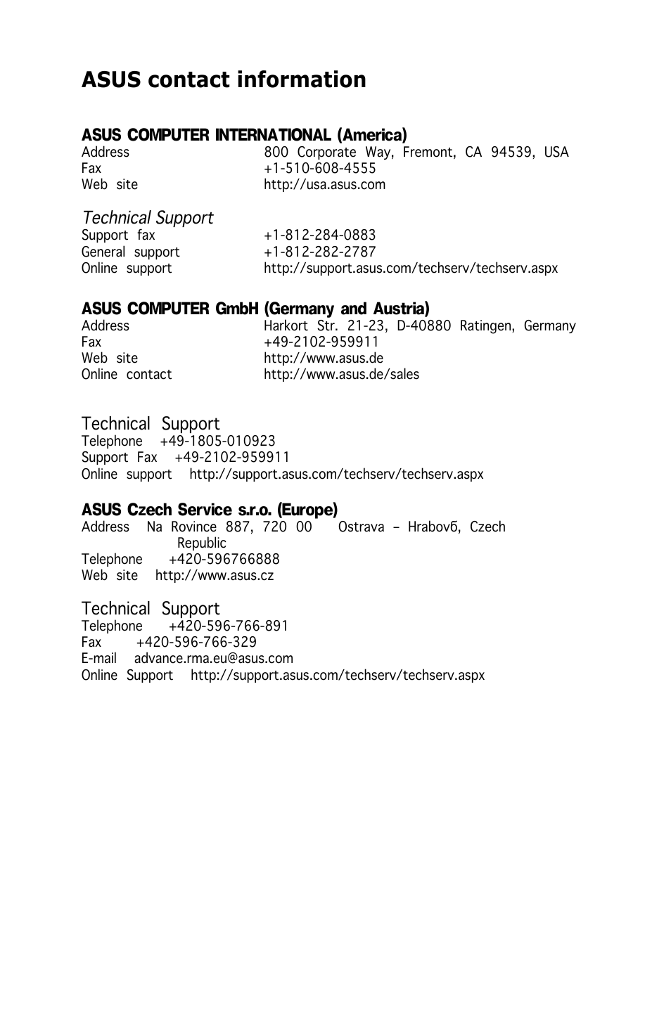 Asus contact information, Asus computer international (america), Asus computer gmbh (germany and austria) | Asus czech service s.r.o. (europe), Technical support | Asus RS740-E7-RS24-EG User Manual | Page 210 / 212