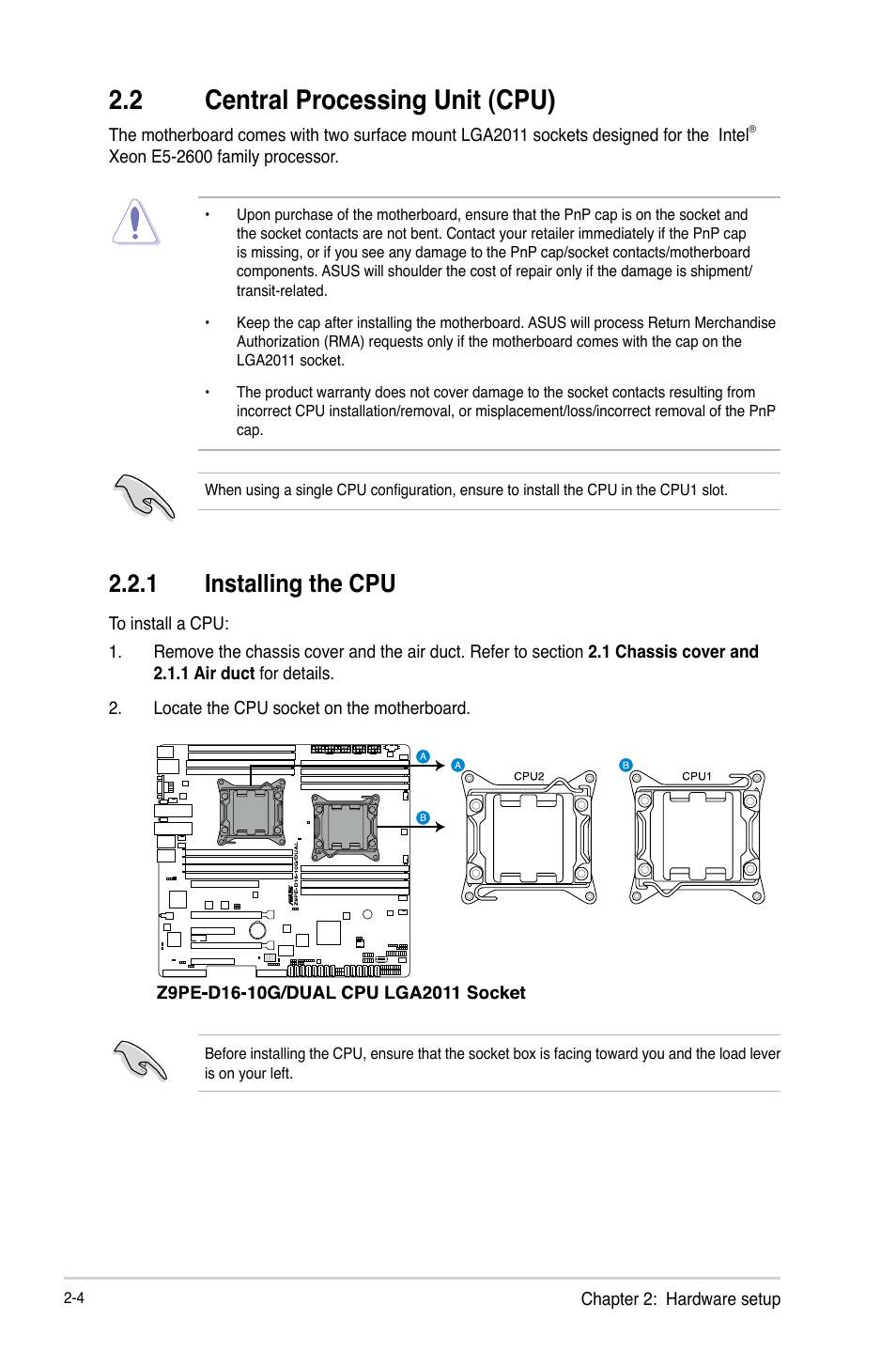 2 central processing unit (cpu), 1 installing the cpu | Asus RS740-E7-RS24-EG User Manual | Page 28 / 212