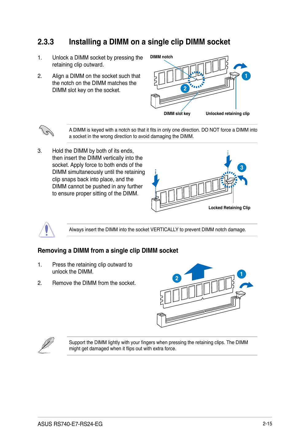 3 installing a dimm on a single clip dimm socket | Asus RS740-E7-RS24-EG User Manual | Page 39 / 212