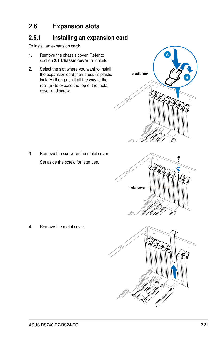 6 expansion slots, 1 installing an expansion card | Asus RS740-E7-RS24-EG User Manual | Page 45 / 212