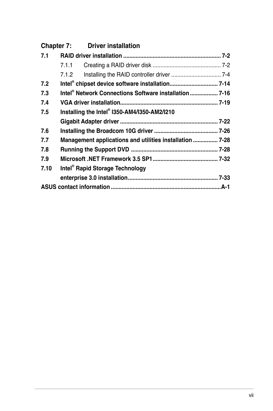 Chapter 7: driver installation | Asus RS740-E7-RS24-EG User Manual | Page 7 / 212