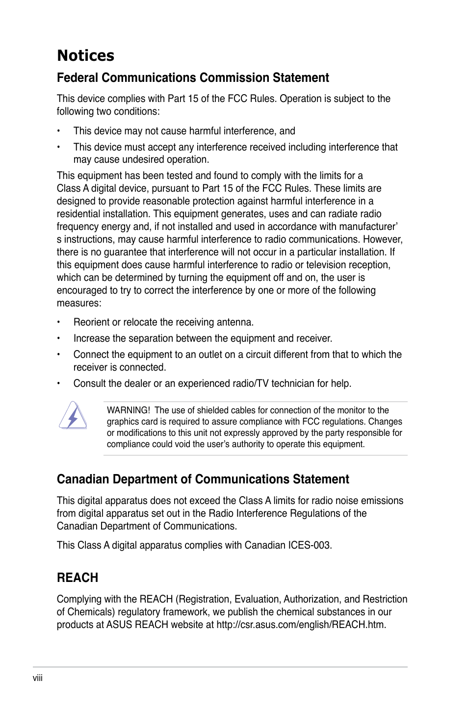 Notices, Reach, Federal communications commission statement | Canadian department of communications statement | Asus RS740-E7-RS24-EG User Manual | Page 8 / 212