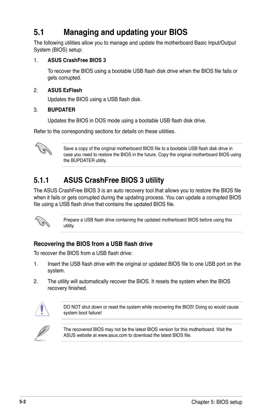 1 managing and updating your bios, 1 asus crashfree bios 3 utility | Asus RS740-E7-RS24-EG User Manual | Page 88 / 212