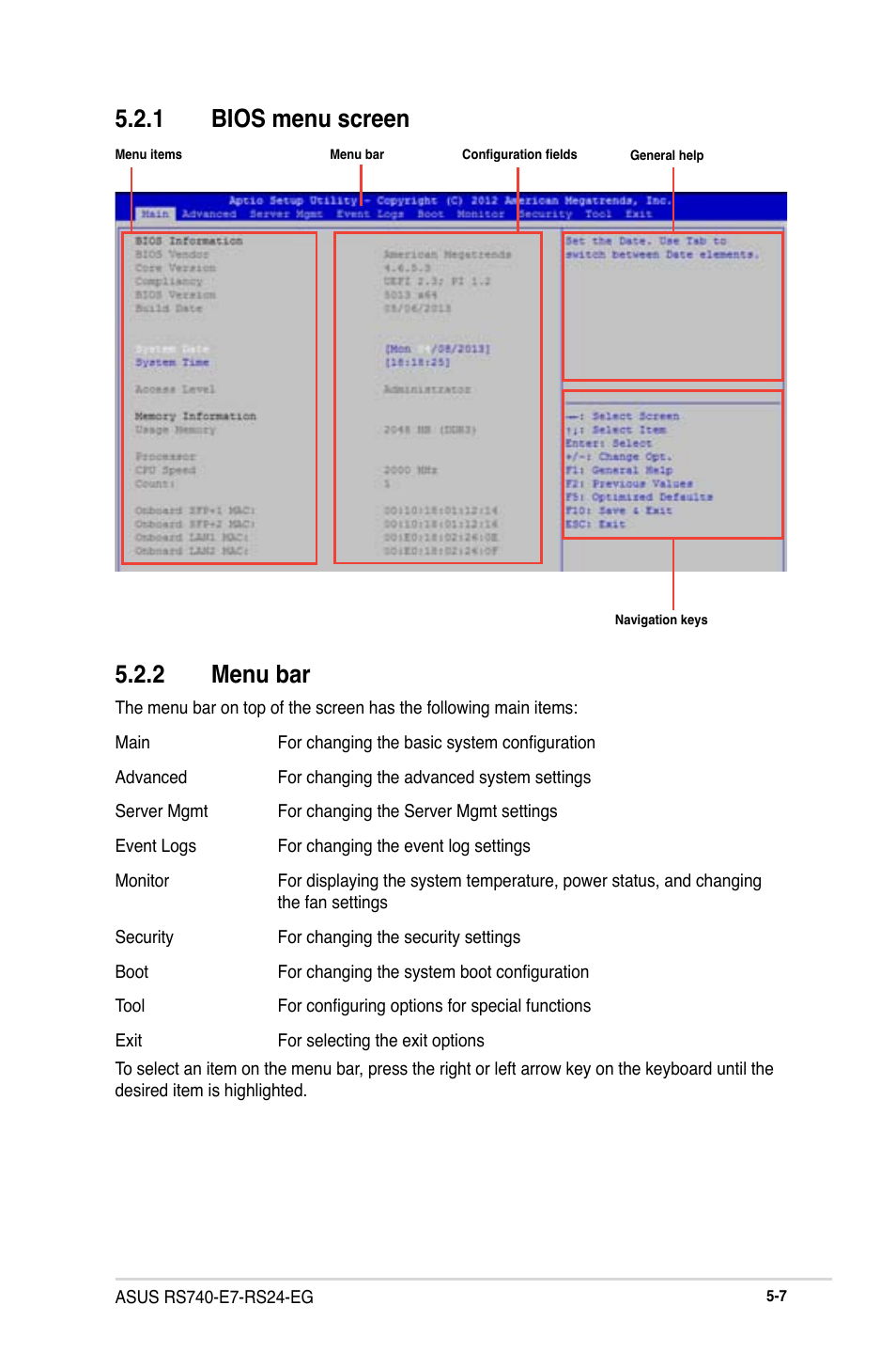 2 menu bar, 1 bios menu screen | Asus RS740-E7-RS24-EG User Manual | Page 93 / 212