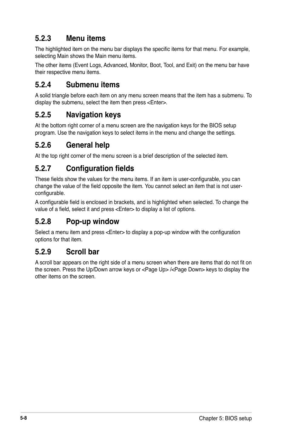 3 menu items, 4 submenu items, 5 navigation keys | 6 general help, 7 configuration fields, 8 pop-up window, 9 scroll bar | Asus RS740-E7-RS24-EG User Manual | Page 94 / 212