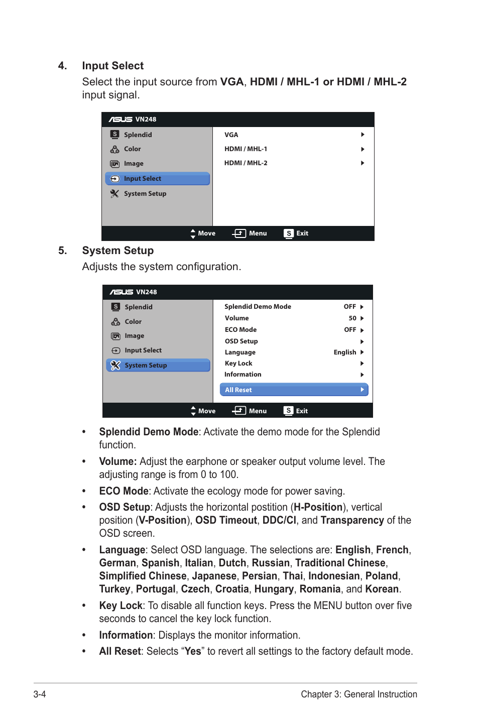 System setup adjusts the system configuration | Asus VN248H User Manual | Page 18 / 21