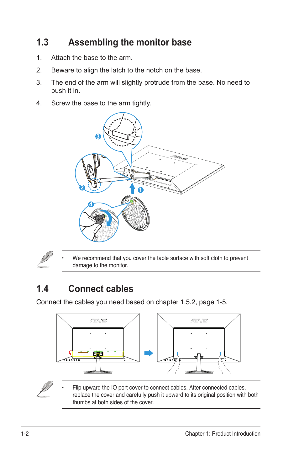 3 assembling the monitor base, 4 connect cables, Assembling the monitor base -2 | Connect cables -2 | Asus VN248H User Manual | Page 8 / 21
