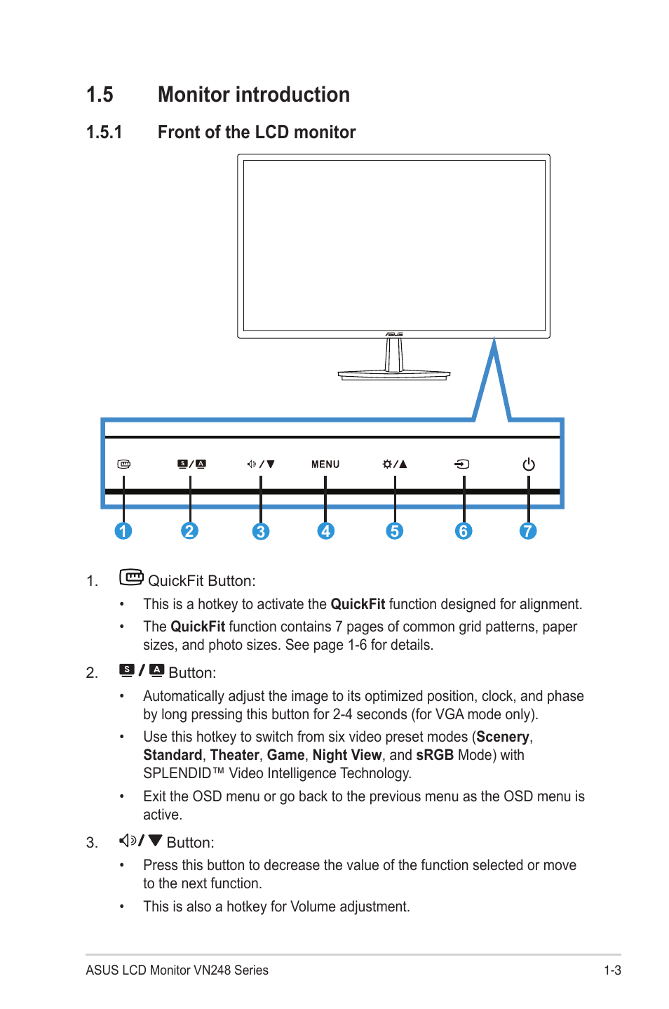 5 monitor introduction, 1 front of the lcd monitor, Monitor introduction -3 | Front of the lcd monitor -3 | Asus VN248H User Manual | Page 9 / 21