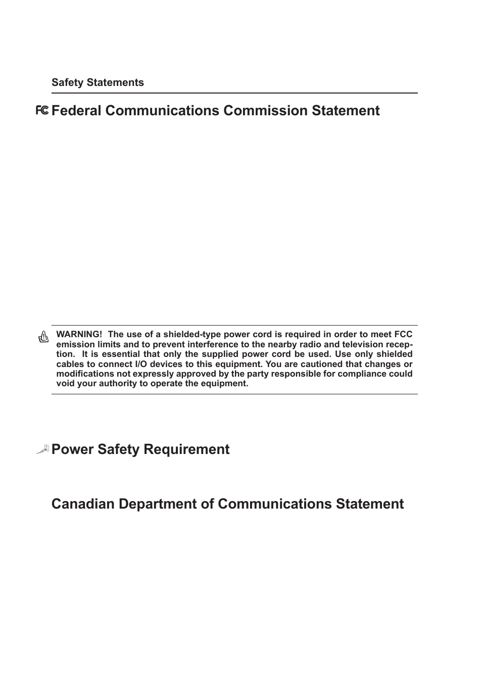 Federal communications commission statement, Power safety requirement, Canadian department of communications statement | Asus VX1 User Manual | Page 2 / 77