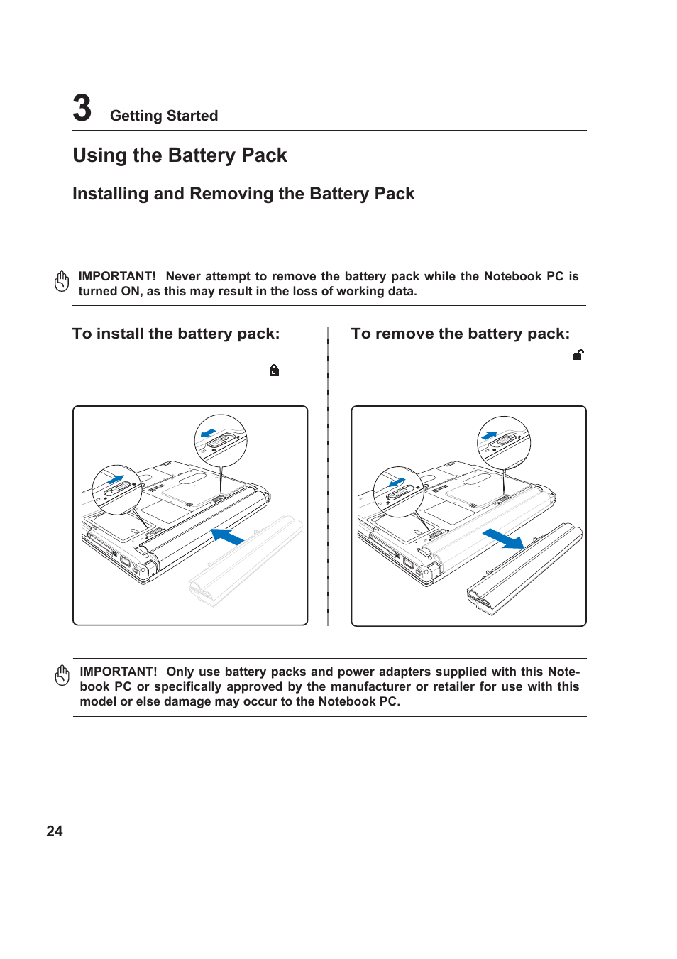 Using the battery pack | Asus VX1 User Manual | Page 24 / 77