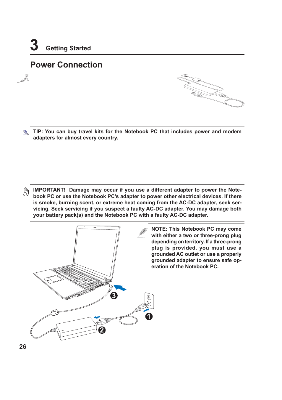 Power connection | Asus VX1 User Manual | Page 26 / 77