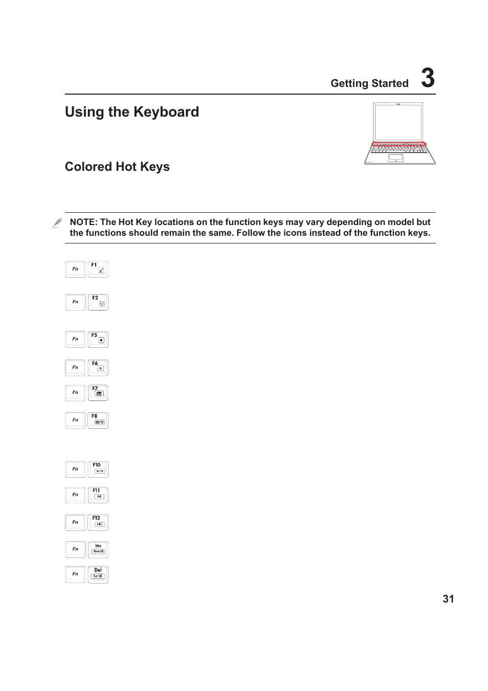 Using the keyboard, Colored hot keys | Asus VX1 User Manual | Page 31 / 77