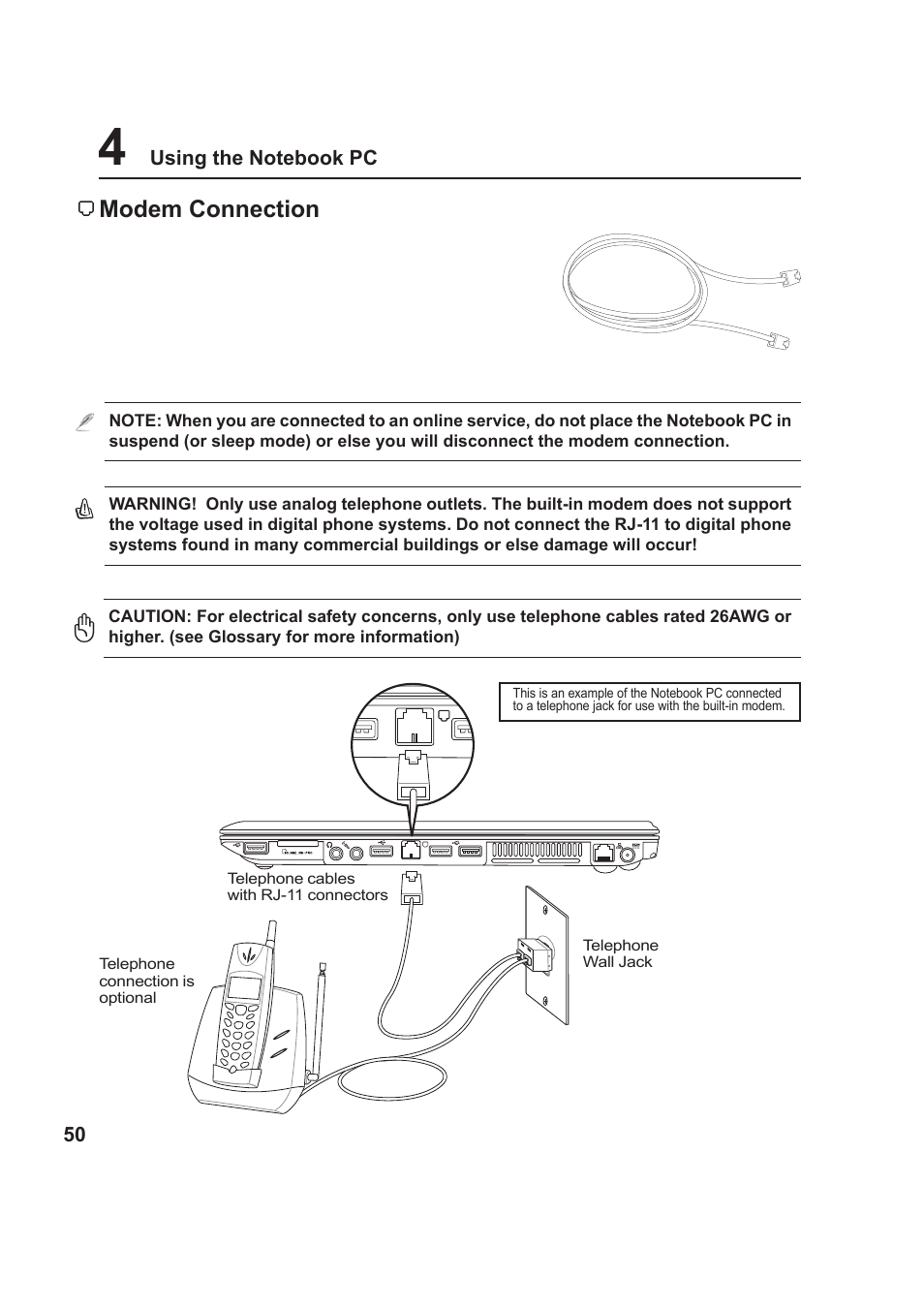 Modem connection | Asus VX1 User Manual | Page 50 / 77