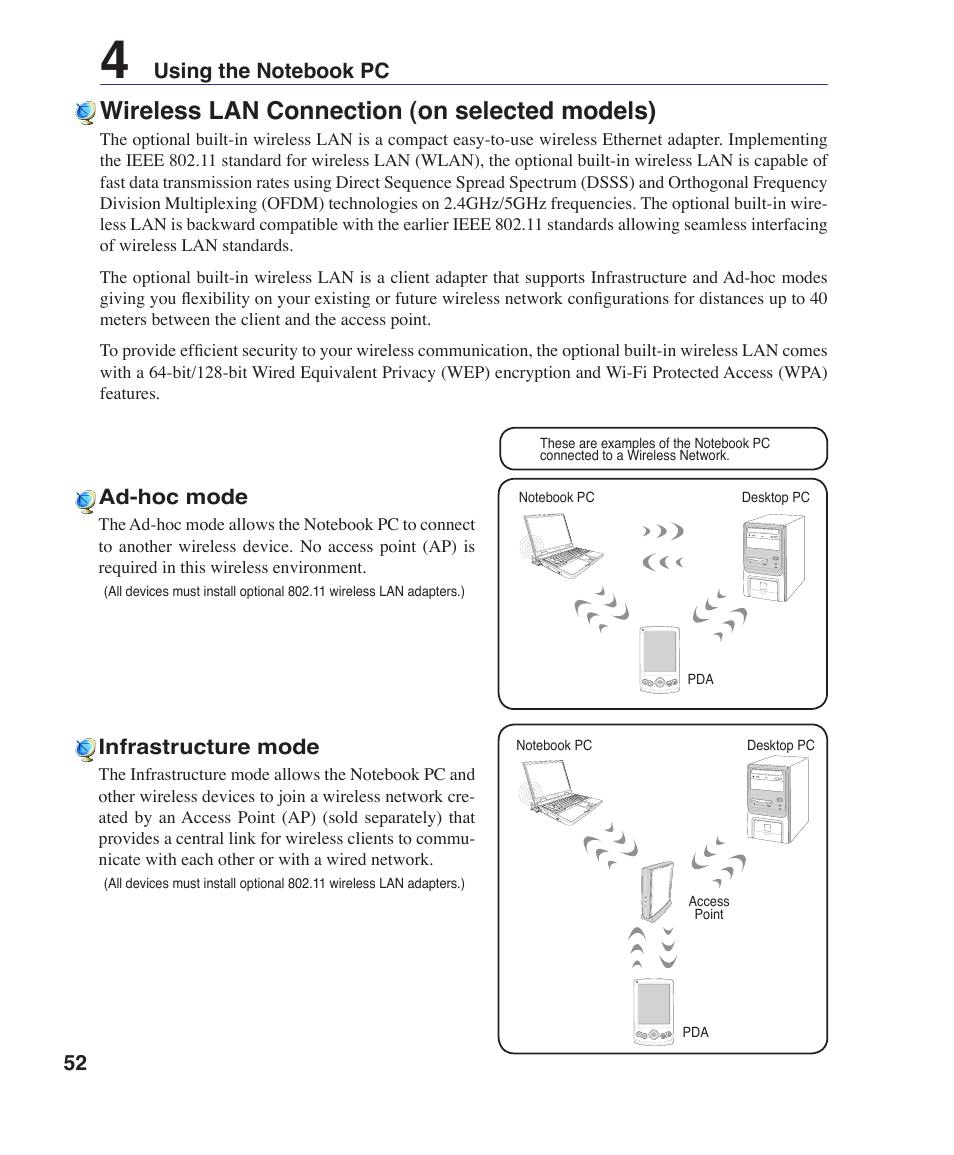 Wireless lan connection (on selected models) | Asus VX1 User Manual | Page 52 / 77