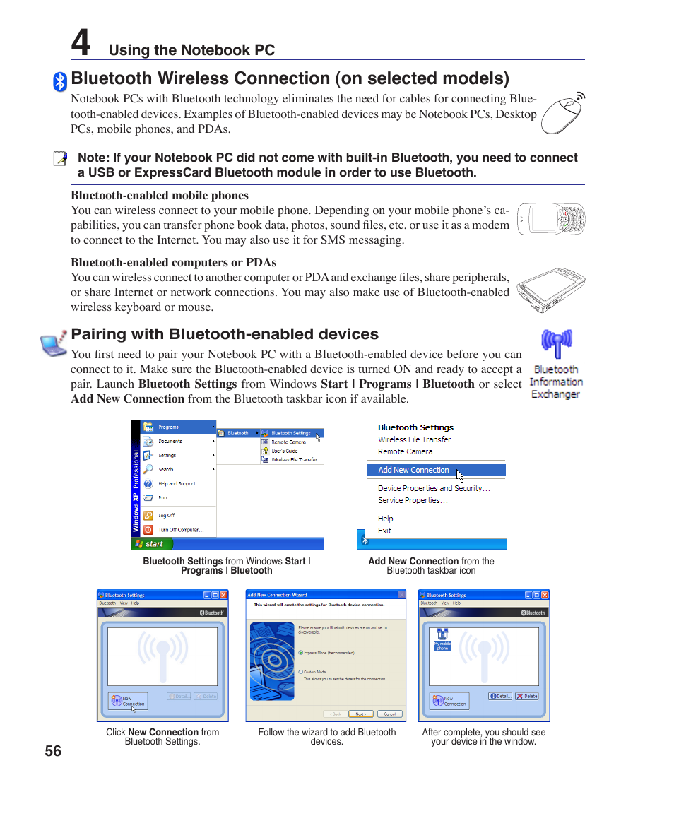 Bluetooth wireless connection (on selected models), Pairing with bluetooth-enabled devices | Asus VX1 User Manual | Page 56 / 77