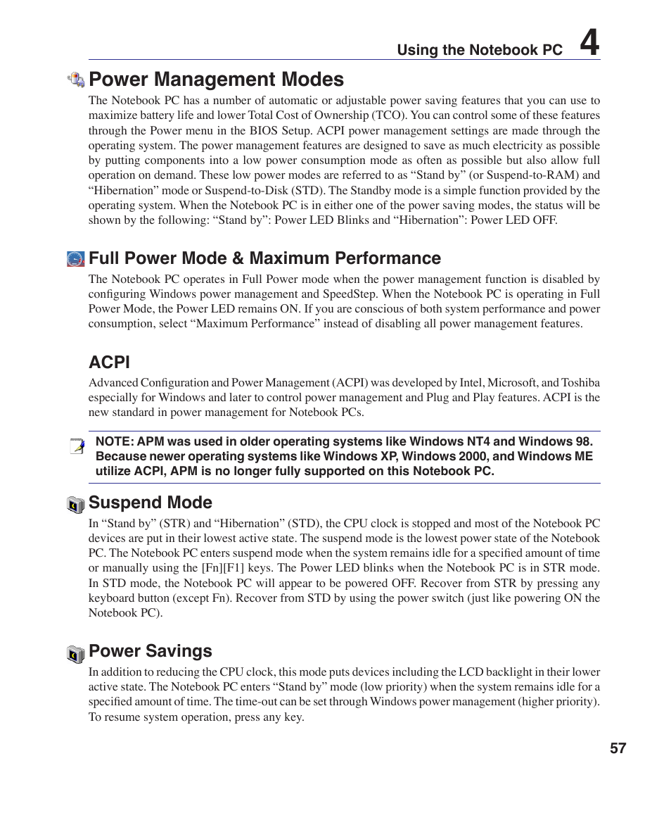 Power management modes, Full power mode & maximum performance, Acpi | Suspend mode, Power savings | Asus VX1 User Manual | Page 57 / 77