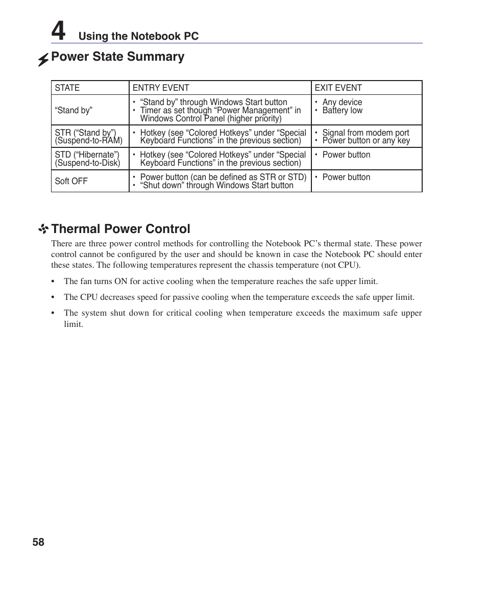 Thermal power control, Power state summary | Asus VX1 User Manual | Page 58 / 77