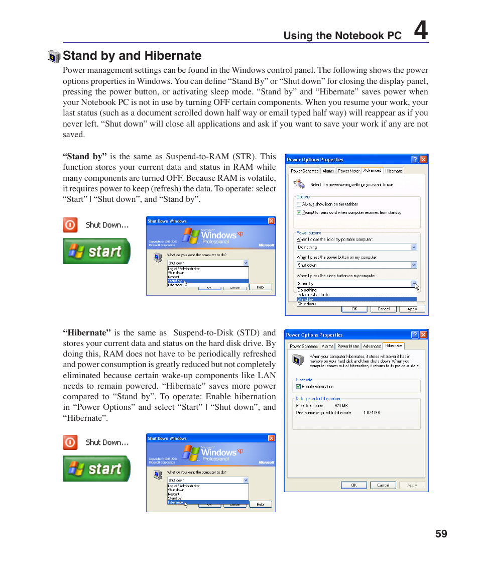 Stand by and hibernate | Asus VX1 User Manual | Page 59 / 77