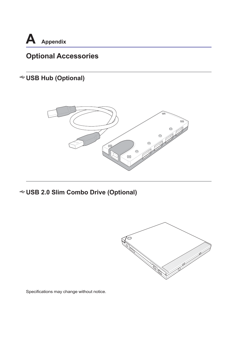 Optional accessories, Usb hub (optional), Usb 2.0 slim combo drive (optional) | Asus VX1 User Manual | Page 62 / 77