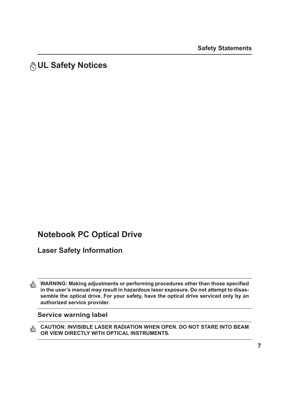 Ul safety notices, Laser safety information | Asus VX1 User Manual | Page 7 / 77