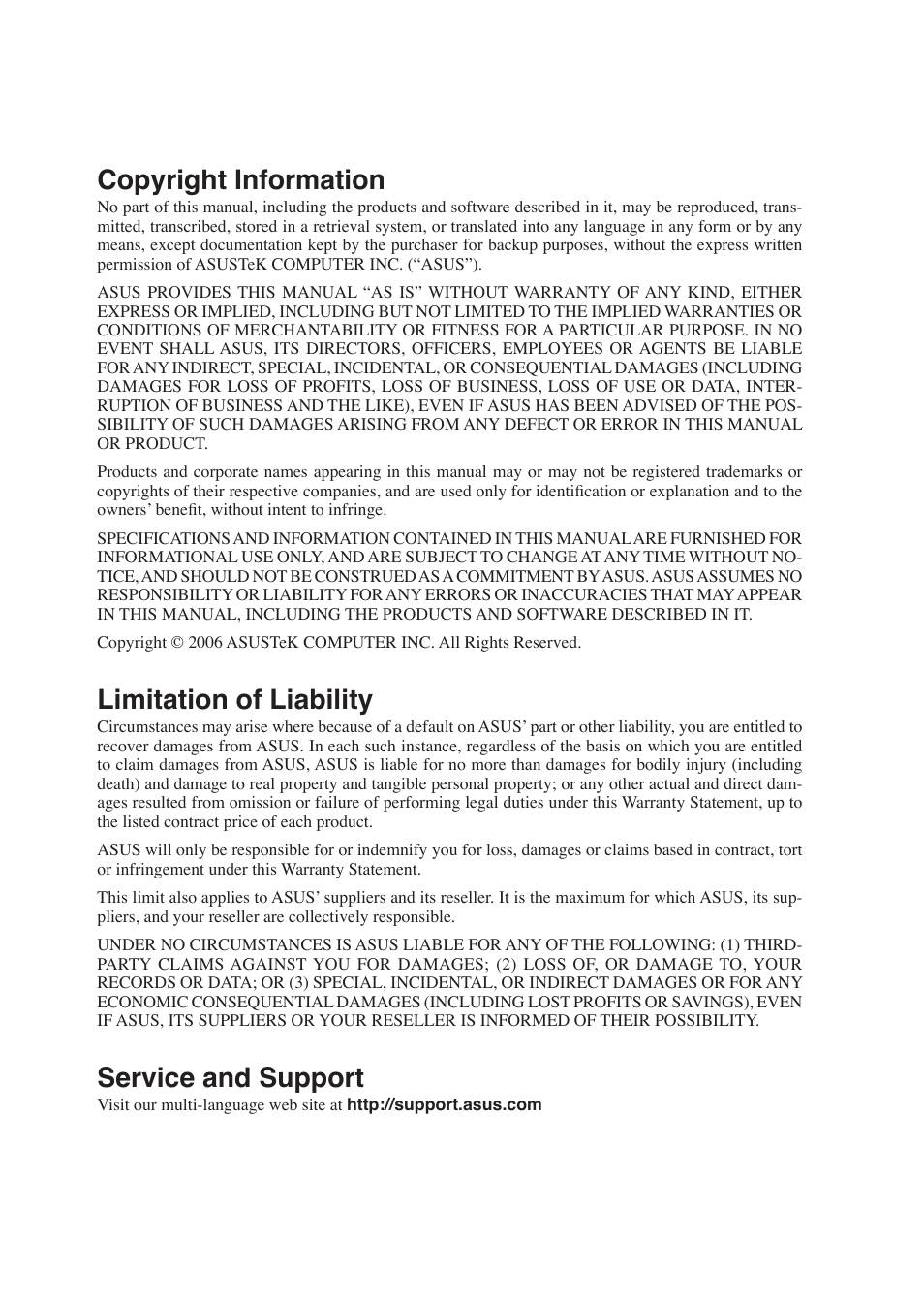 Copyright information, Limitation of liability, Service and support | Asus VX1 User Manual | Page 77 / 77