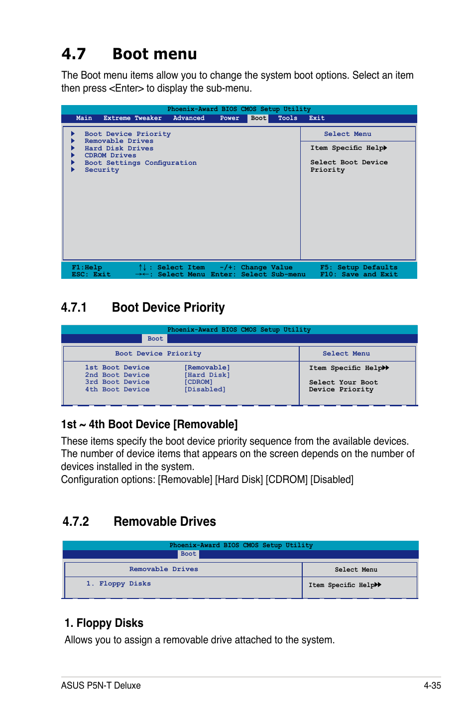 7 boot menu, 1 boot device priority, 2 removable drives | 1st ~ 4th boot device [removable, Floppy disks | Asus P5N-T Deluxe User Manual | Page 103 / 174