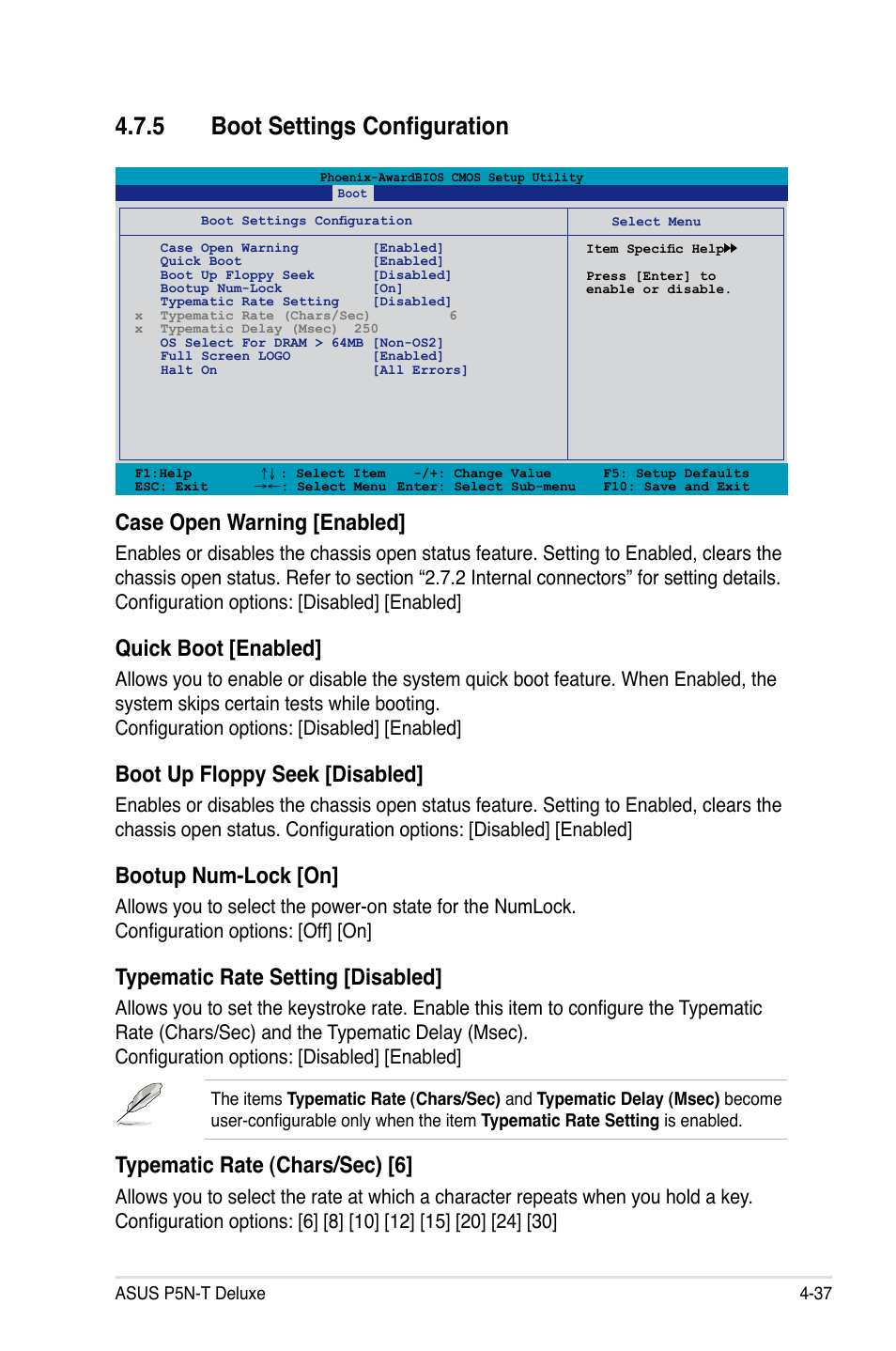 5 boot settings configuration, Case open warning [enabled, Quick boot [enabled | Boot up floppy seek [disabled, Bootup num-lock [on, Typematic rate setting [disabled, Typematic rate (chars/sec) [6 | Asus P5N-T Deluxe User Manual | Page 105 / 174