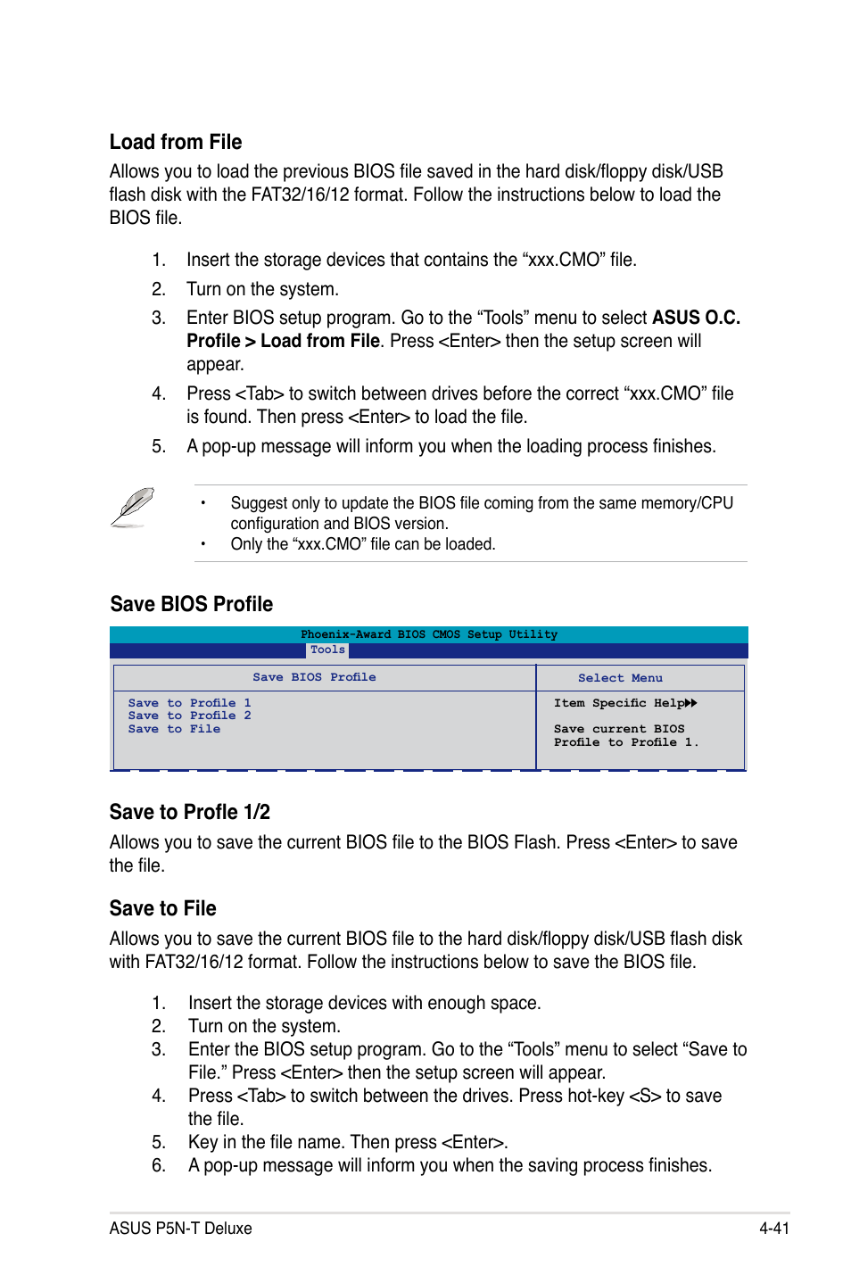 Load from file, Save bios profile save to profle 1/2, Save to file | Asus P5N-T Deluxe User Manual | Page 109 / 174