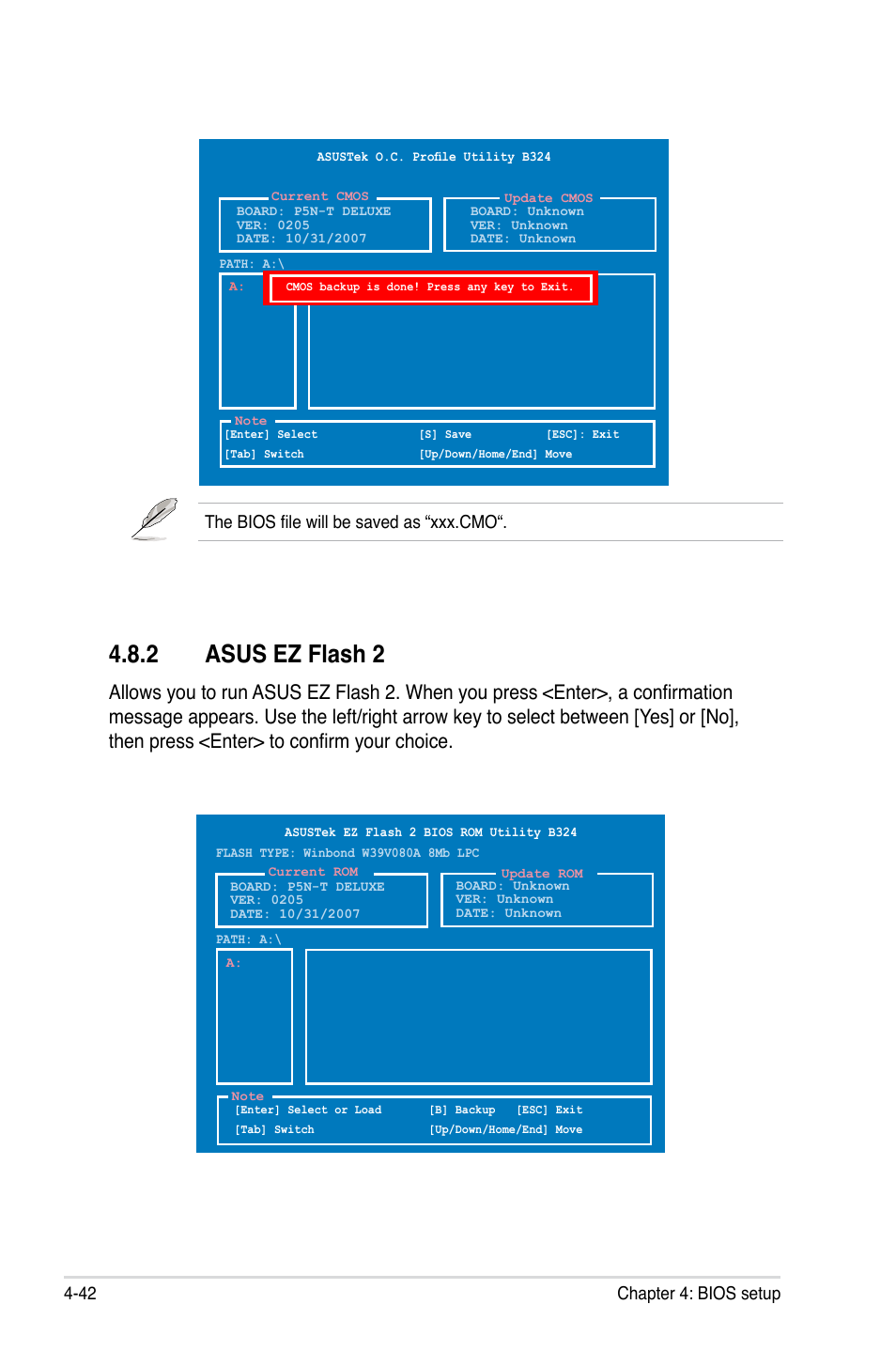 2 asus ez flash 2, 42 chapter 4: bios setup, The bios file will be saved as “xxx.cmo | Asus P5N-T Deluxe User Manual | Page 110 / 174