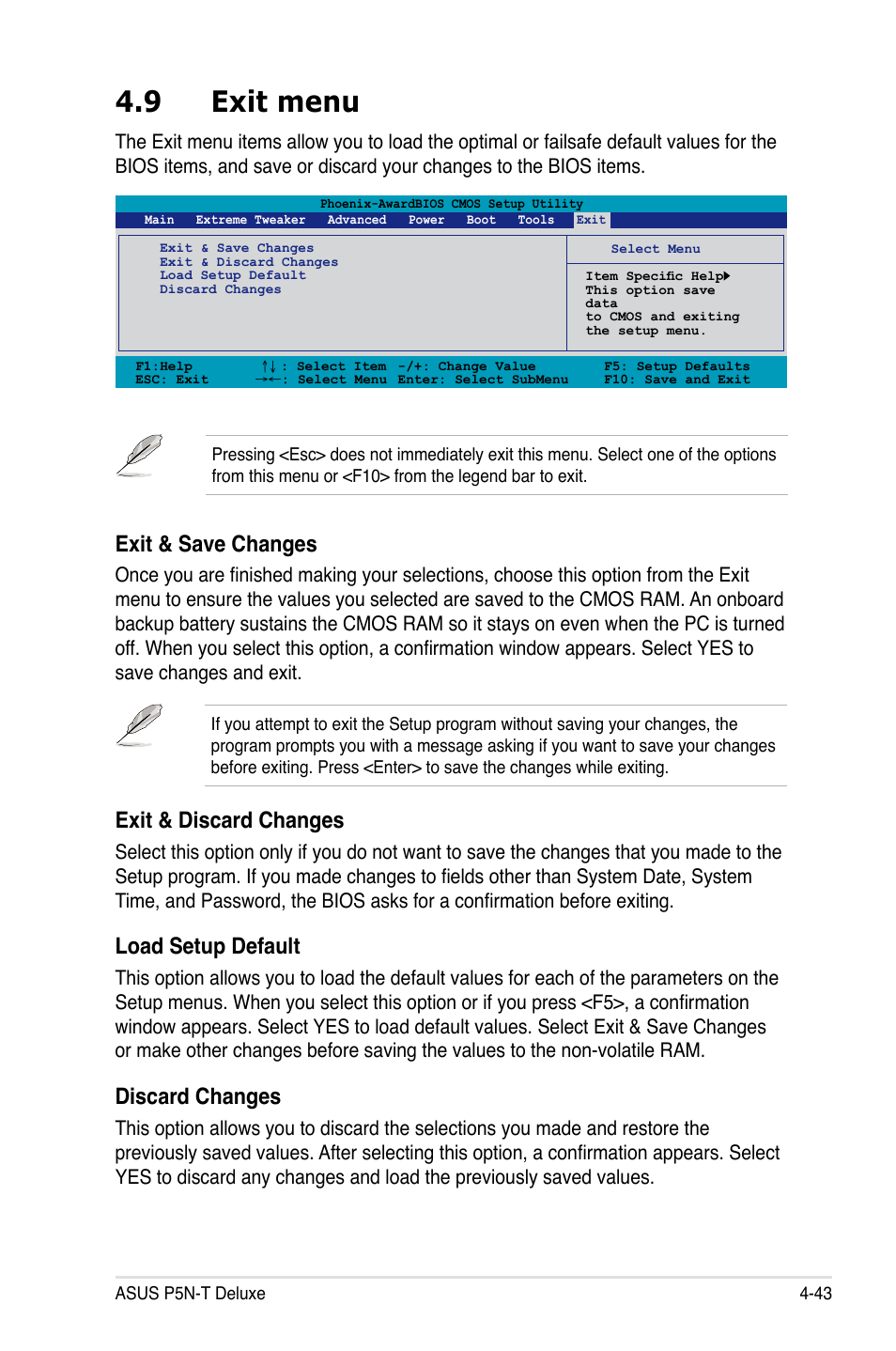 9 exit menu, Exit & save changes, Exit & discard changes | Load setup default, Discard changes | Asus P5N-T Deluxe User Manual | Page 111 / 174