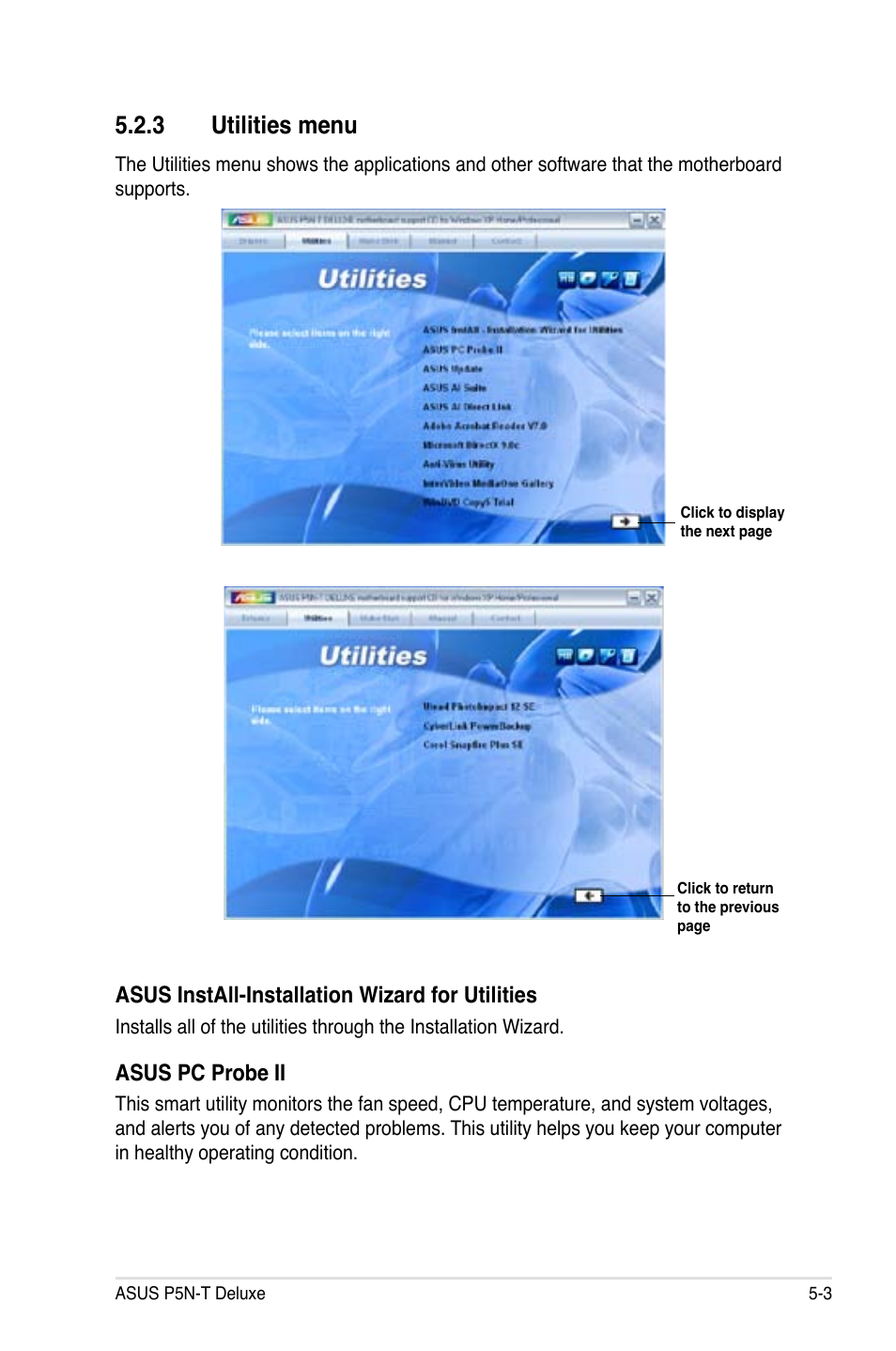 3 utilities menu, Asus install-installation wizard for utilities, Asus pc probe ii | Asus P5N-T Deluxe User Manual | Page 117 / 174