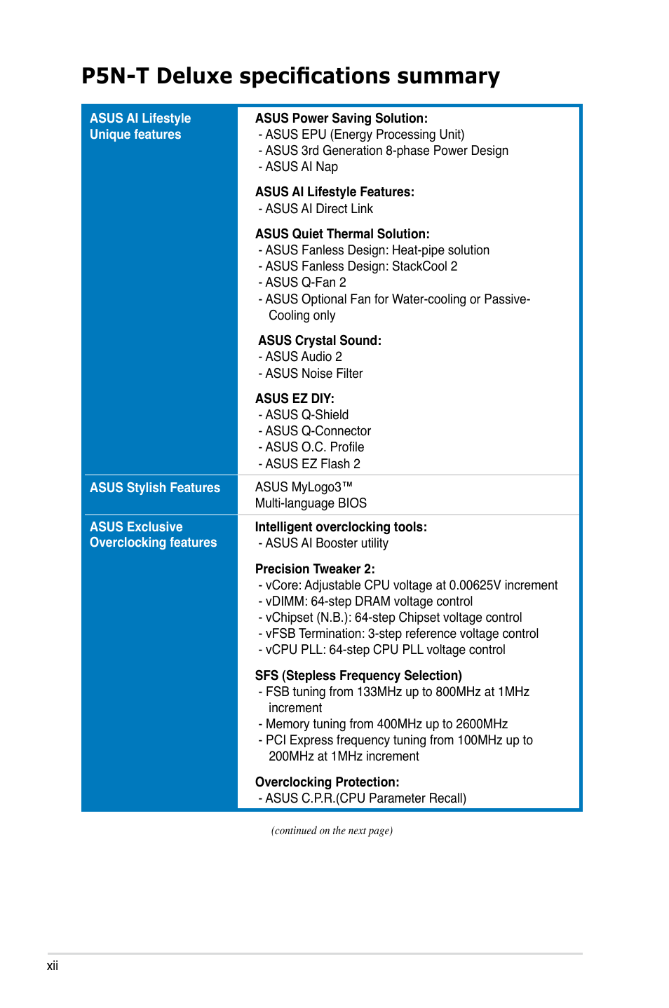 P5n-t deluxe specifications summary | Asus P5N-T Deluxe User Manual | Page 12 / 174