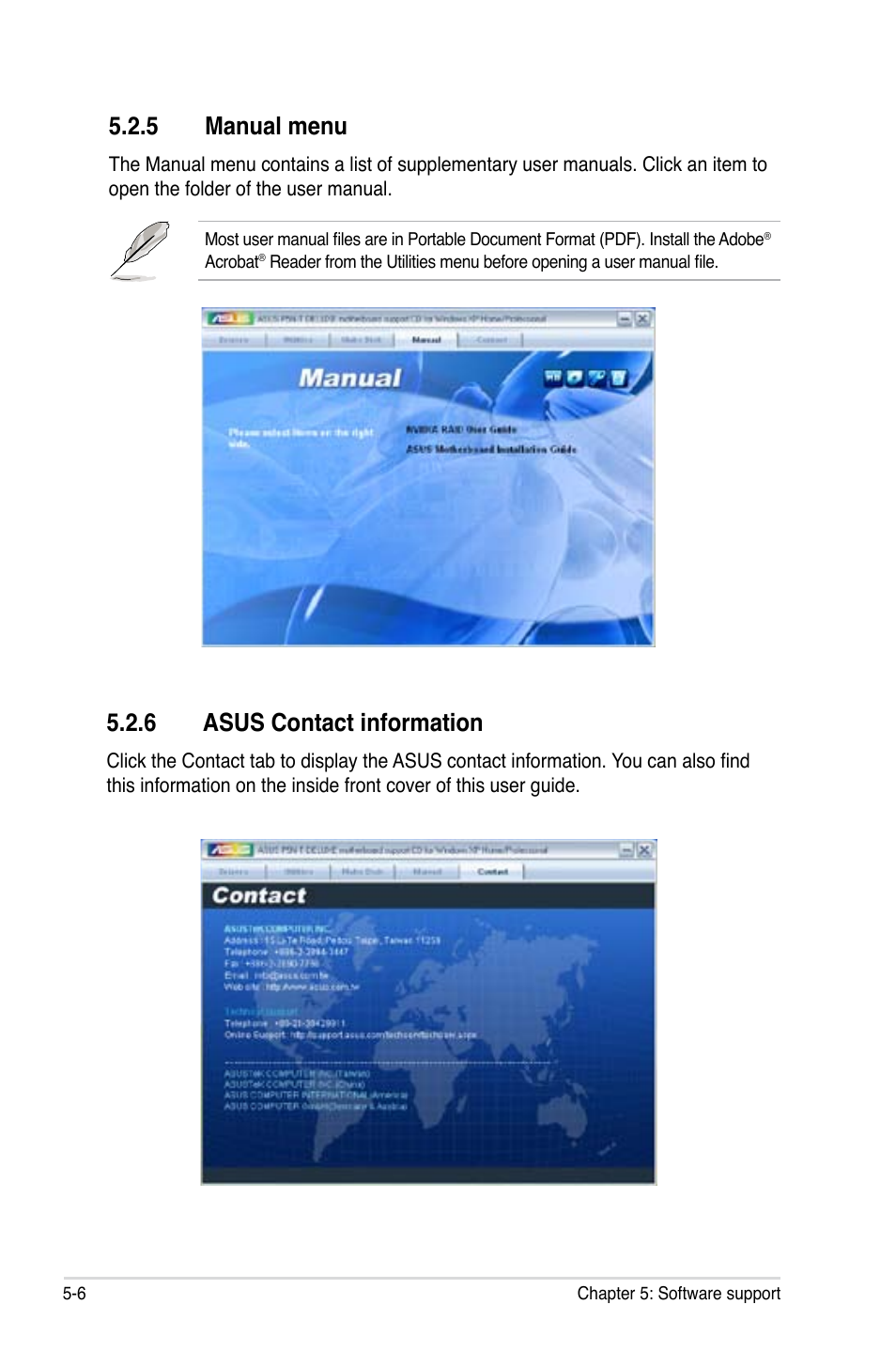 5 manual menu, 6 asus contact information | Asus P5N-T Deluxe User Manual | Page 120 / 174