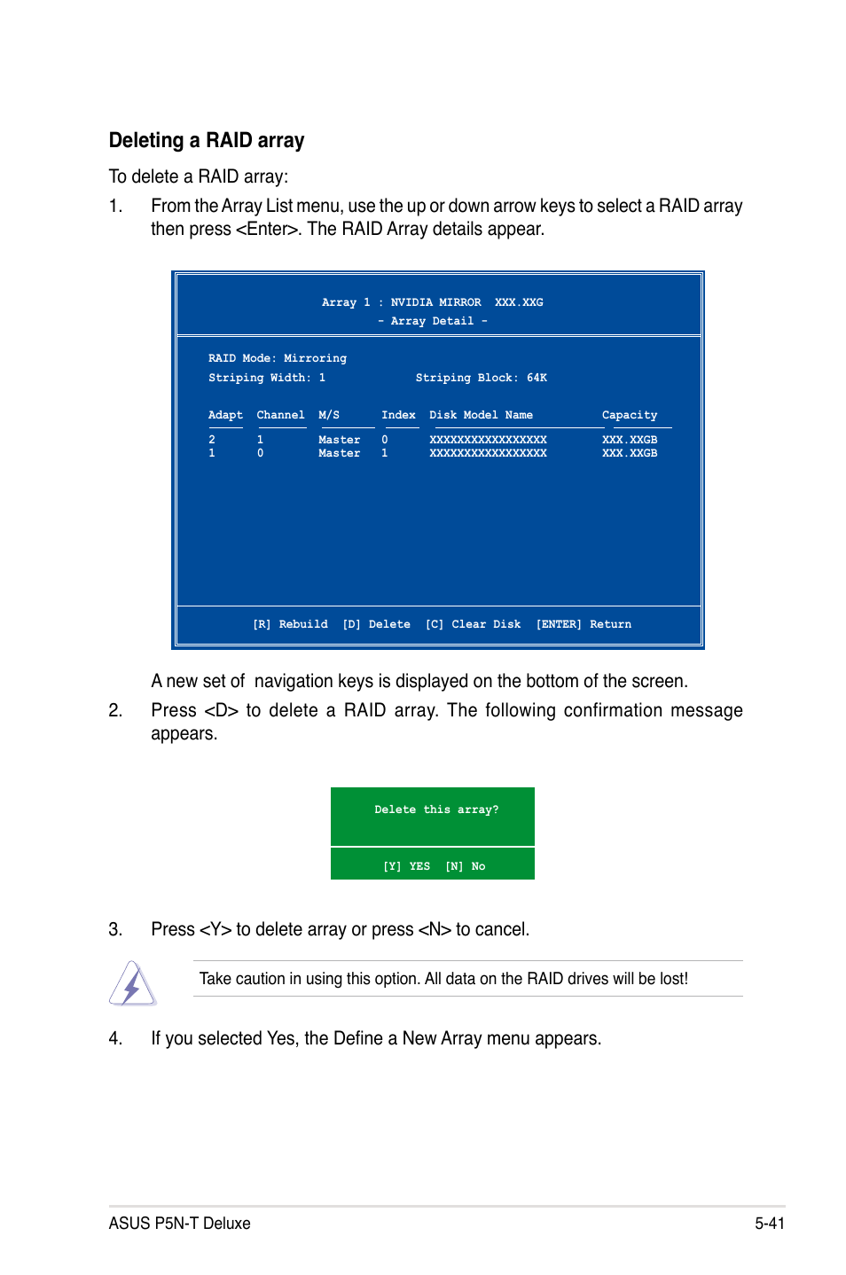 Deleting a raid array | Asus P5N-T Deluxe User Manual | Page 155 / 174