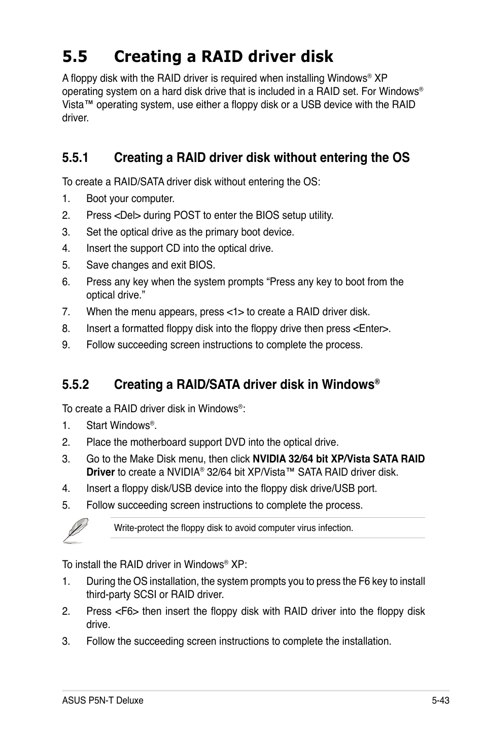 5 creating a raid driver disk, 2 creating a raid/sata driver disk in windows | Asus P5N-T Deluxe User Manual | Page 157 / 174