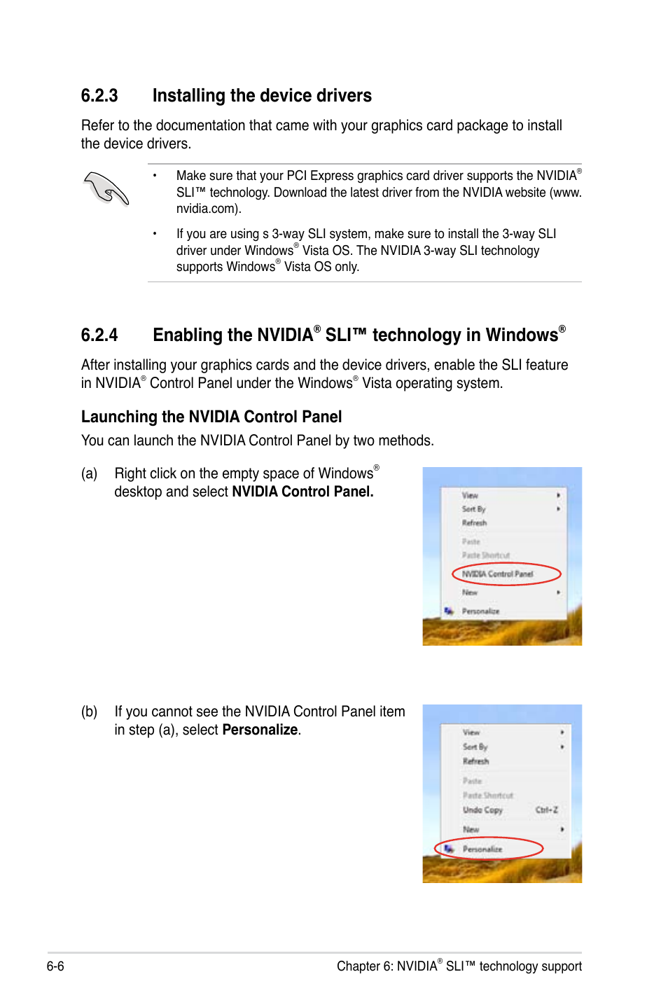 3 installing the device drivers, 4 enabling the nvidia, Sli™ technology in windows | Launching the nvidia control panel | Asus P5N-T Deluxe User Manual | Page 166 / 174