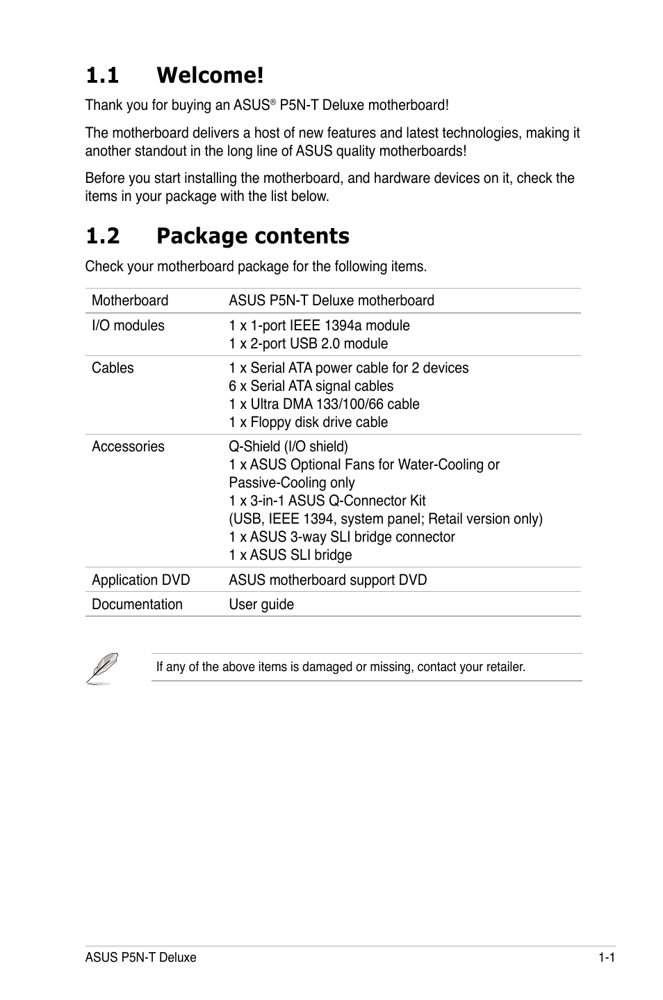 1 welcome, 2 package contents | Asus P5N-T Deluxe User Manual | Page 17 / 174