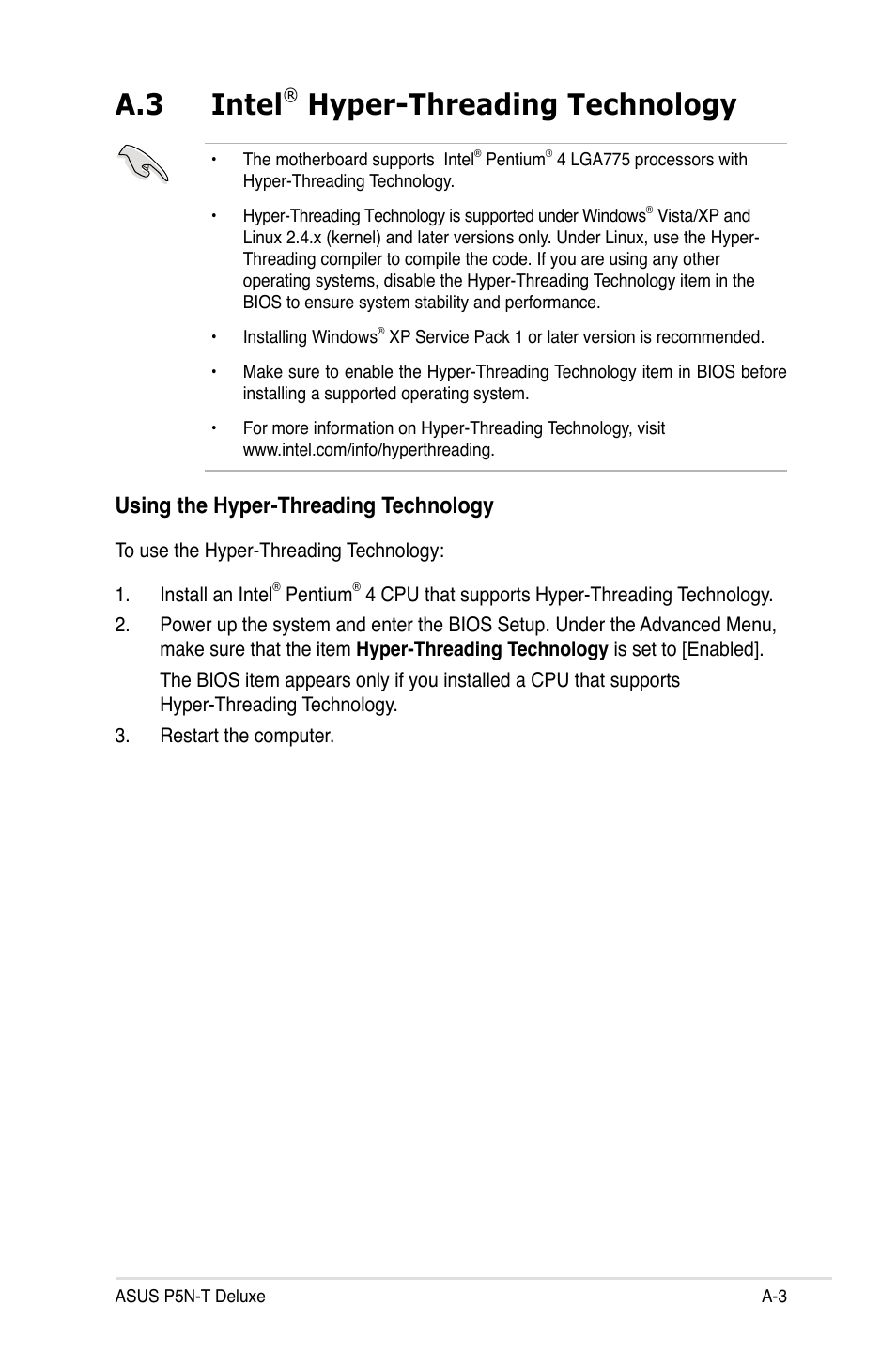 A.3 intel, Hyper-threading technology, Using the hyper-threading technology | Asus P5N-T Deluxe User Manual | Page 173 / 174