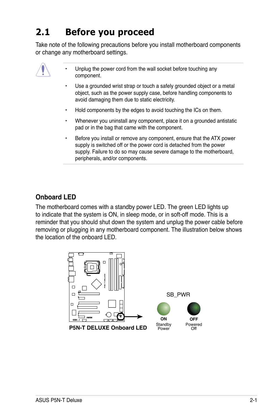 1 before you proceed, Onboard led | Asus P5N-T Deluxe User Manual | Page 27 / 174