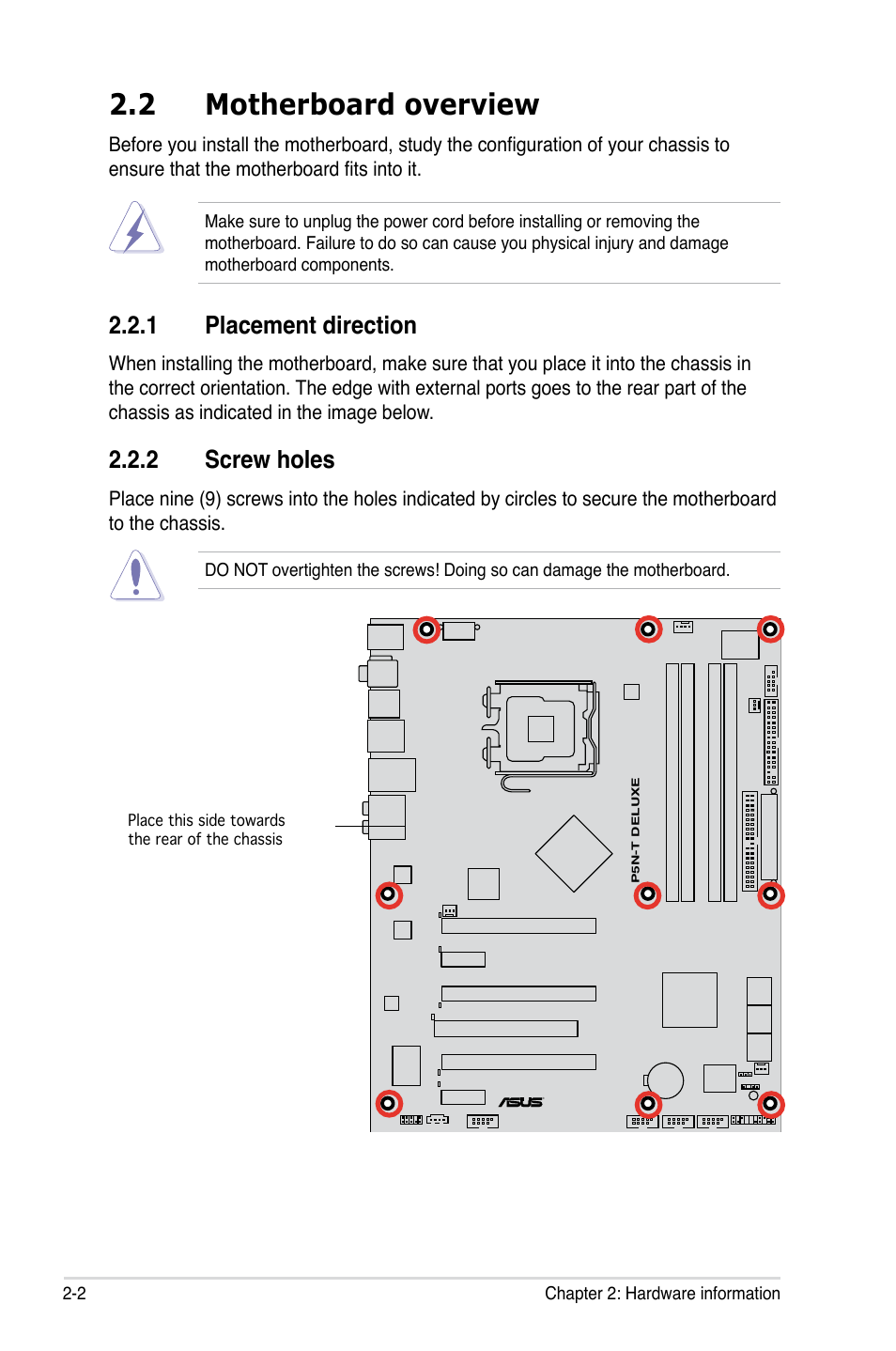 2 motherboard overview, 1 placement direction, 2 screw holes | Asus P5N-T Deluxe User Manual | Page 28 / 174