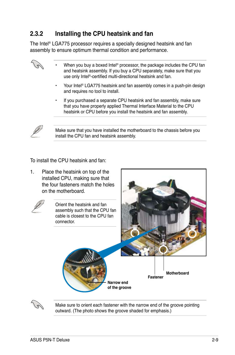 2 installing the cpu heatsink and fan | Asus P5N-T Deluxe User Manual | Page 35 / 174