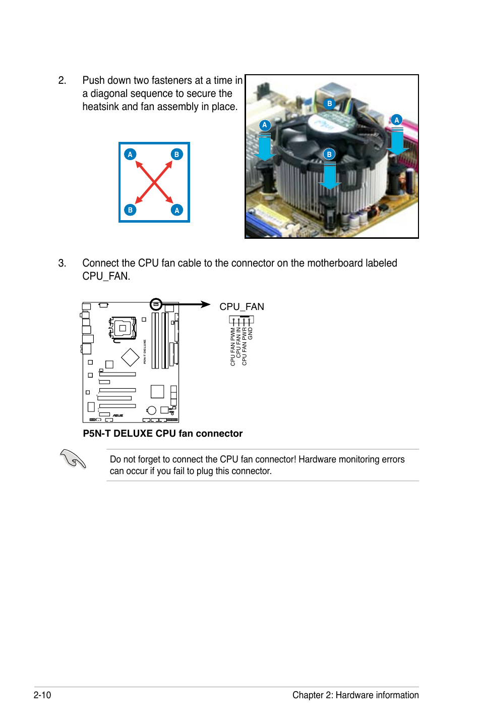 10 chapter 2: hardware information, P5n-t deluxe cpu fan connector cpu_fan | Asus P5N-T Deluxe User Manual | Page 36 / 174