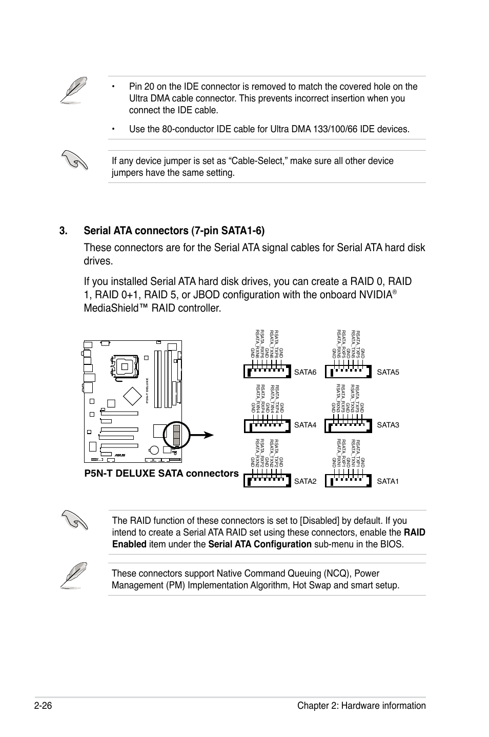 Mediashield™ raid controller, 26 chapter 2: hardware information, P5n-t deluxe sata connectors | Sata6 sata5, Sata3 sata4, Sata2 sata1 | Asus P5N-T Deluxe User Manual | Page 52 / 174