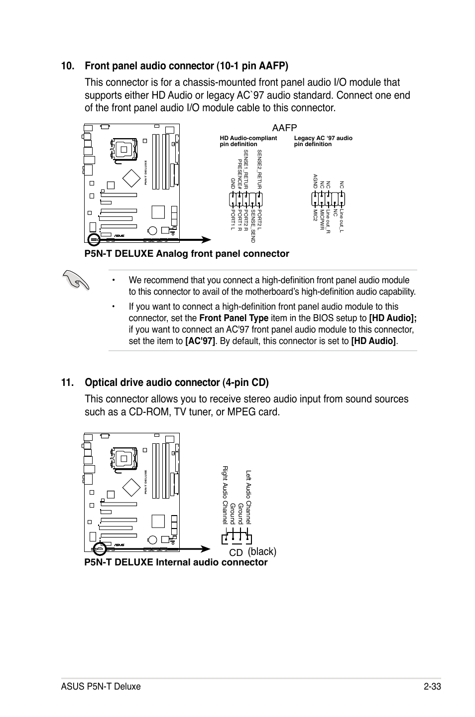 Asus p5n-t deluxe 2-33, P5n-t deluxe analog front panel connector aafp, P5n-t deluxe internal audio connector cd | Asus P5N-T Deluxe User Manual | Page 59 / 174