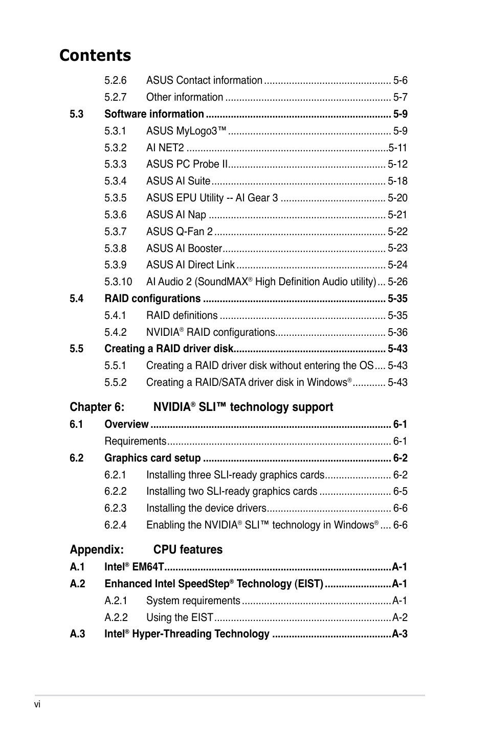 Asus P5N-T Deluxe User Manual | Page 6 / 174