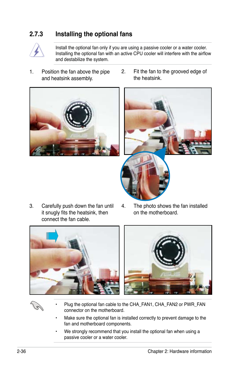 3 installing the optional fans | Asus P5N-T Deluxe User Manual | Page 62 / 174